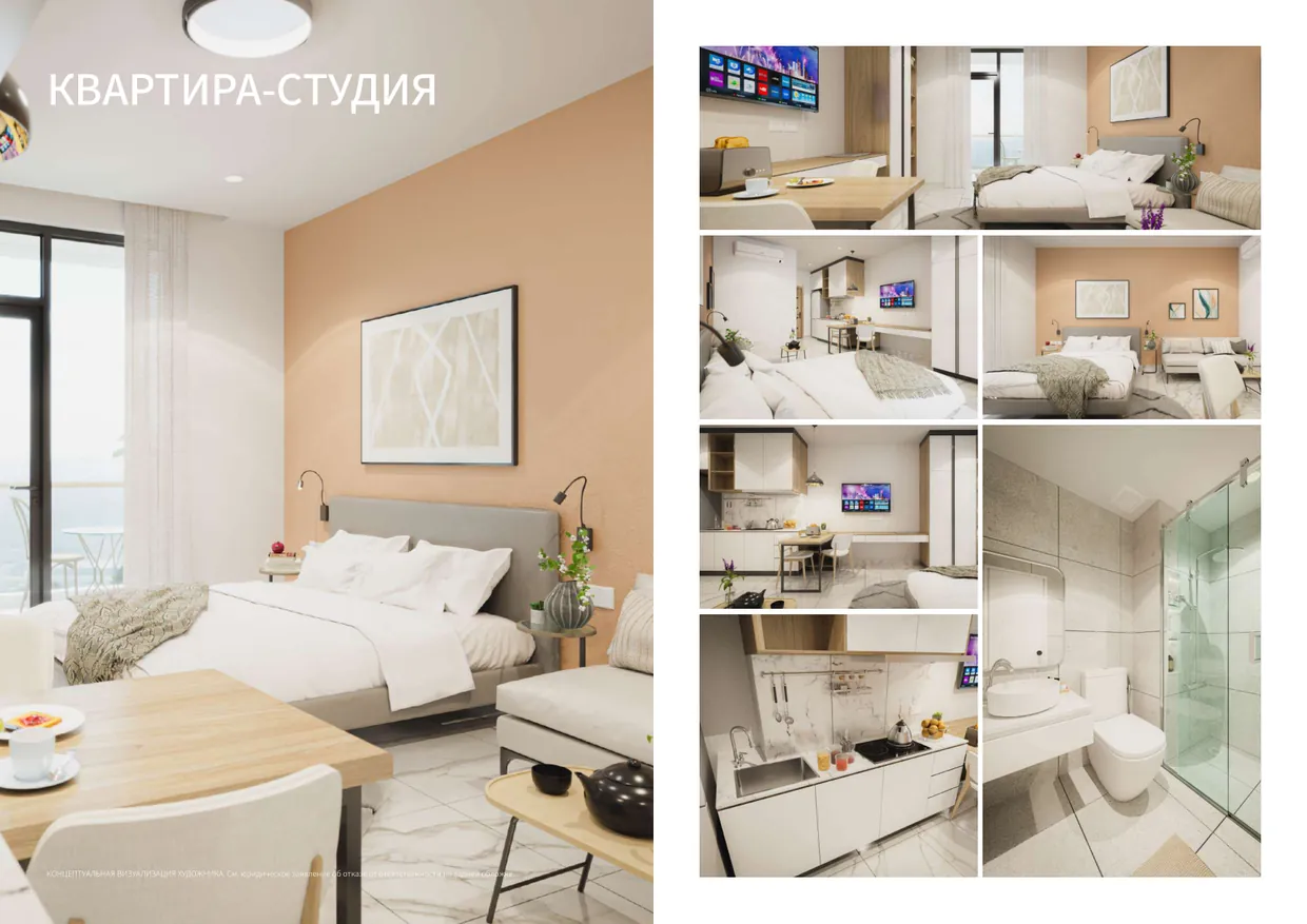 Квартира-студия: интерьеры гостиной, спальни, кухни и ванной